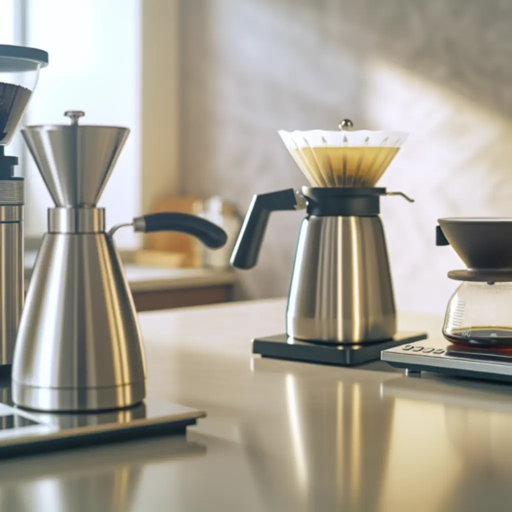 Strak gestileerde opstelling van koffie-accessoires zoals molen, dripper en server op een neutrale achtergrond