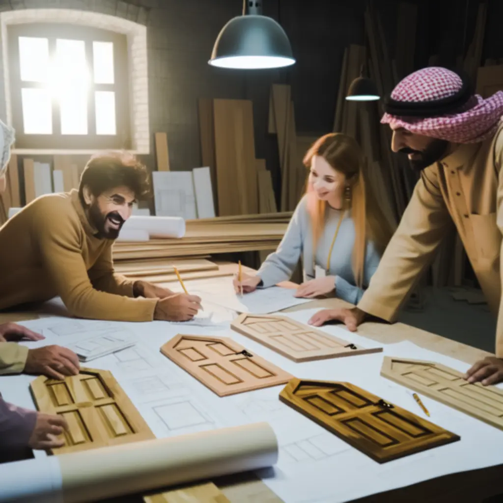 Designers aan het werk in een deurontwerpstudio met stalen en tekeningen