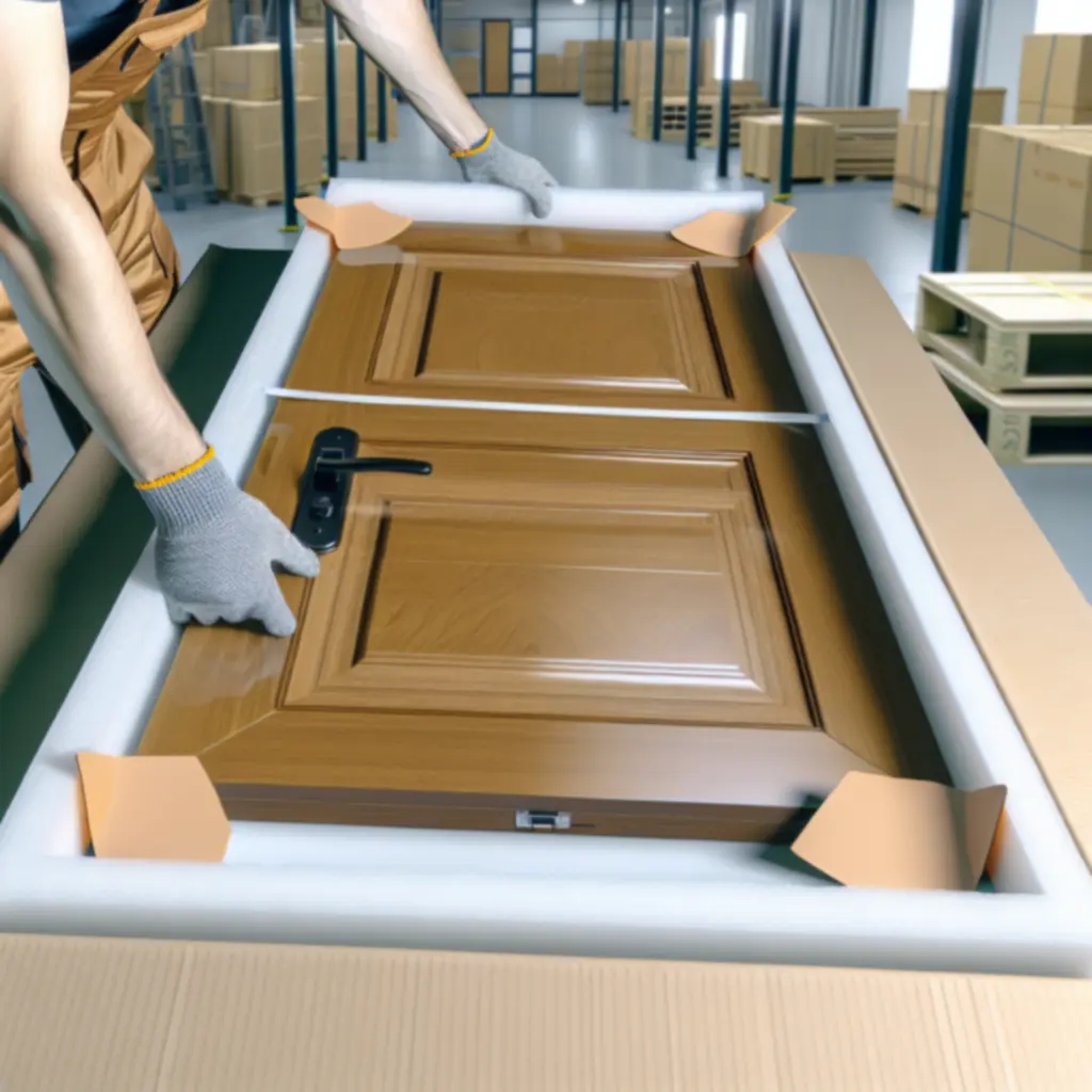 Professionele verpakking van een deur met beschermende materialen